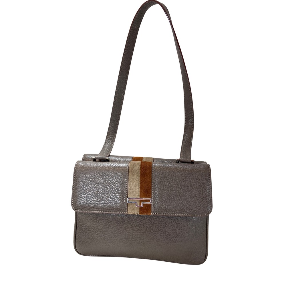 A. Testoni Vintage Pebbled Leather Shoulder Bag Brown Suede Inlay Italy Luxury